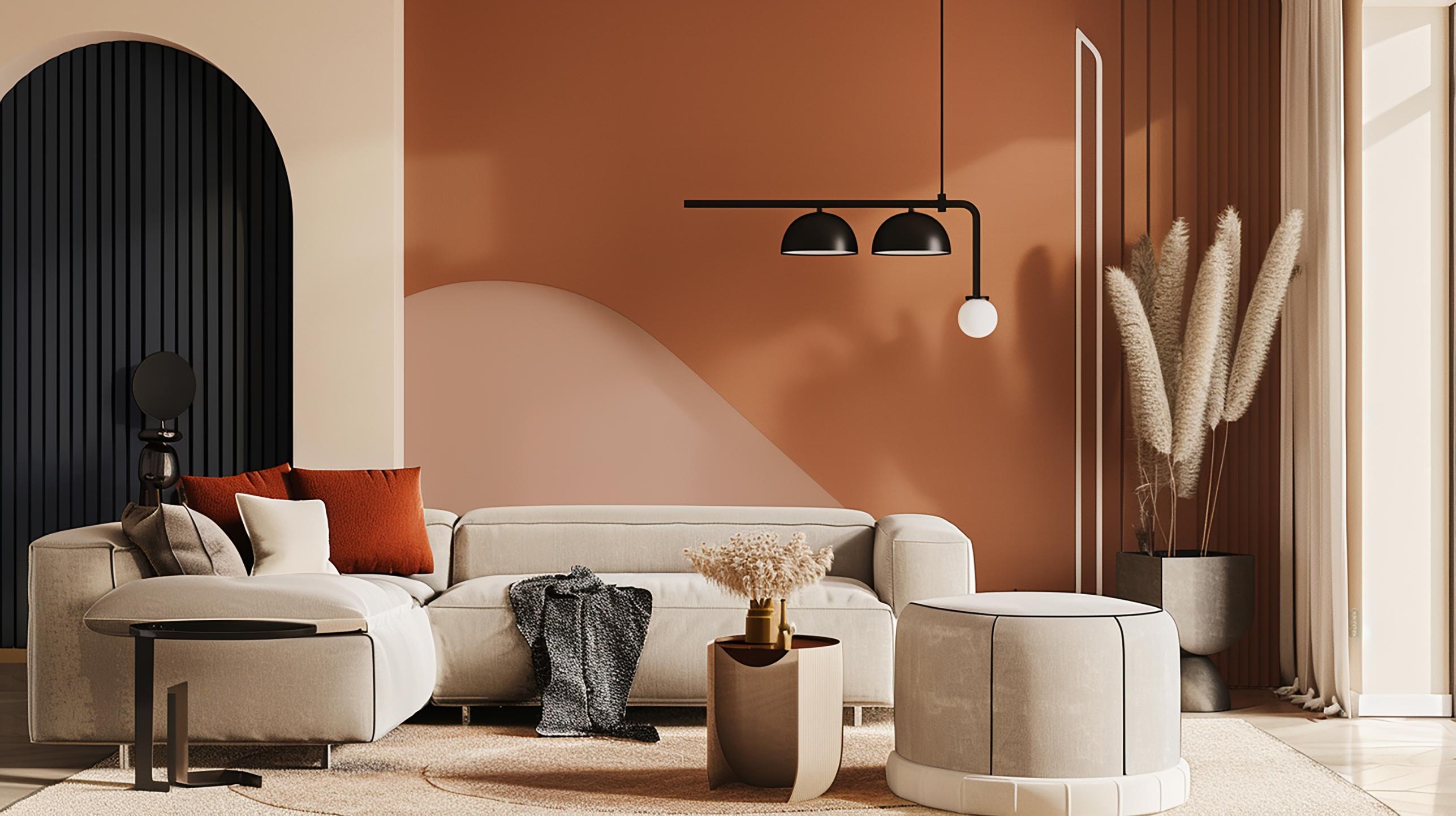 Elegant stue med beige hjørnesofa, terrakottafargede vegger, sorte lamper og dekorative elementer.